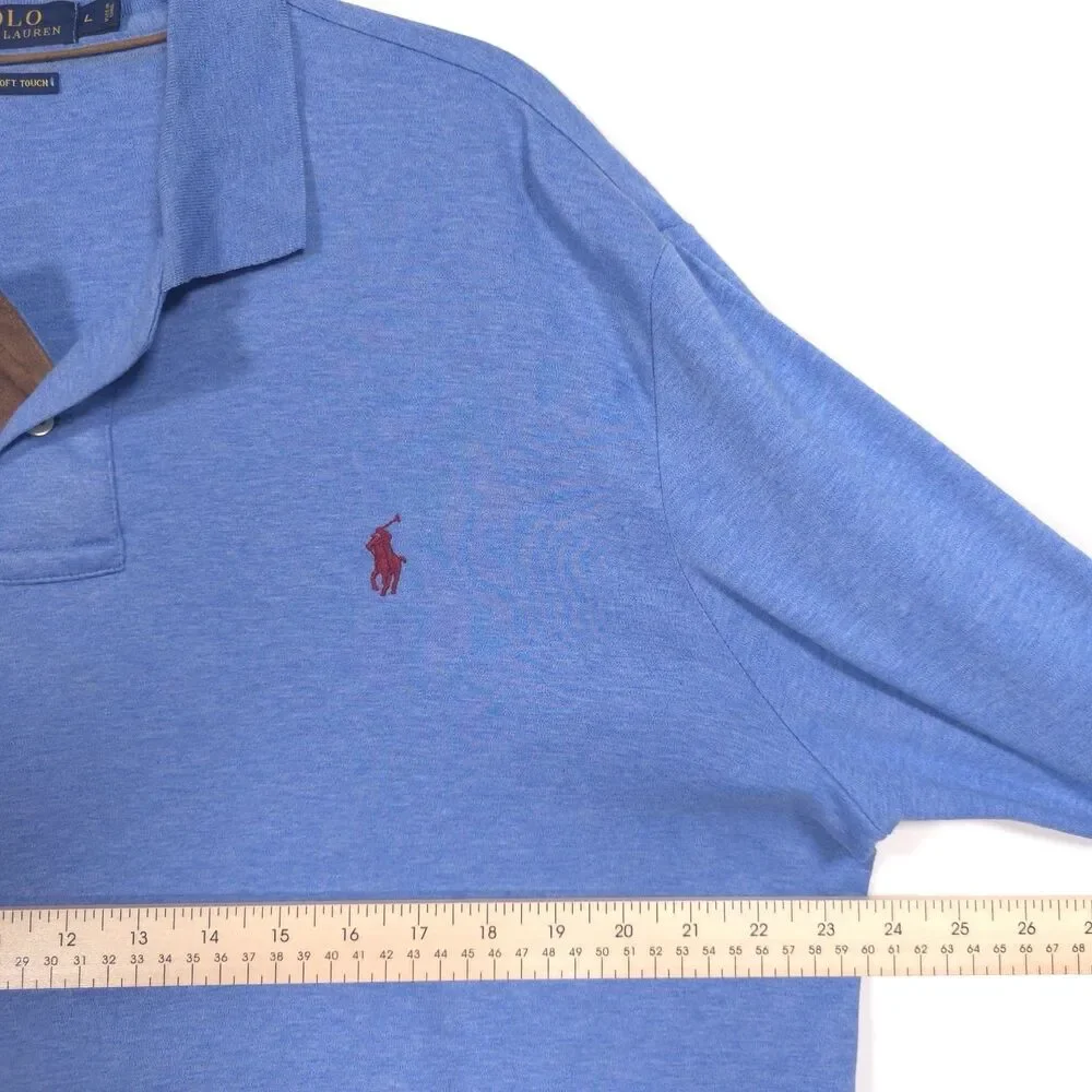 POLO RALPH LAUREN Pima Soft Touch Long Sleeve Blue Polo Shirt LARGE Suede Detail
